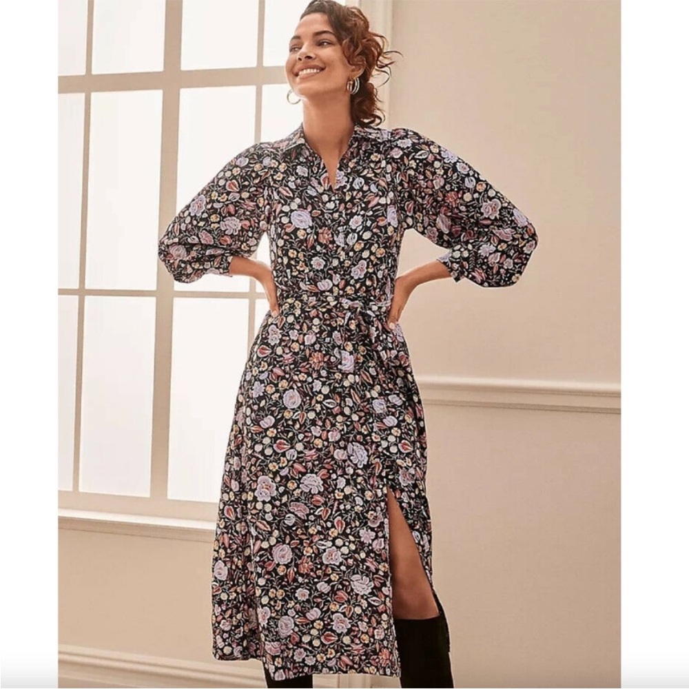 Ann Taylor Floral Collared Midi Shirtdress Black Size 2